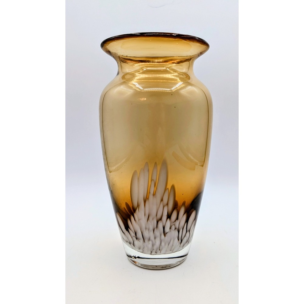 Vintage Amber Art Glass Vase White Internal Flame Design Mid Century Modern 8in